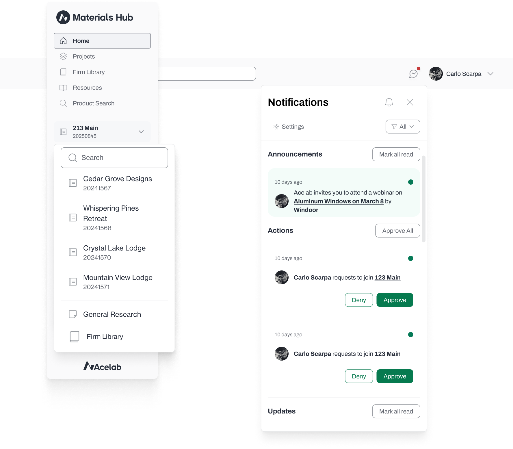 Demonstrates the final navigation with project selection and notifications